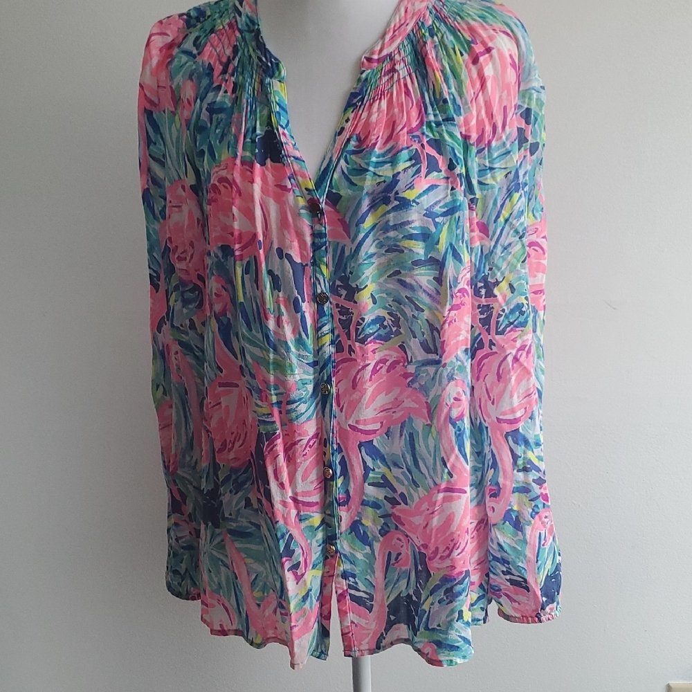 Lilly Pulitzer Relaxed Pink and Blue Pleated Blouse